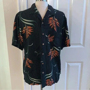 Solitude 100% Silk Hawaiian Shirt Washable Wooden Button Down Men’s Medium Black